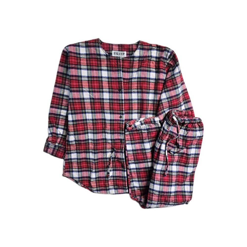 Vintage Esleep Jammies 2 Piece Red Plaid Flannel Size M Cotton Elastic Women's